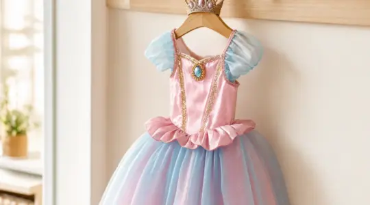 Zartes Prinzessinnenkostüm als rosa-hellblaues Tüllkleid mit Krone auf einem Holzbügel an einer Kindergarderobe vor heller Wand