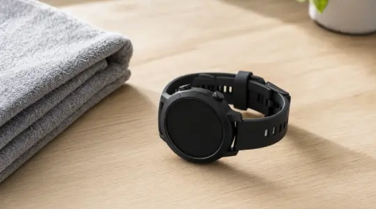 Eine schwarze Sport-Pulsuhr liegt mit einem Handtuch auf einem Tisch