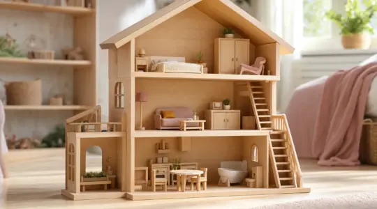 Liebevoll eingerichtetes hölzernes Puppenhaus aus Naturholz mit mehreren Etagen und kleinen Möbeln im hellen Kinderzimmer