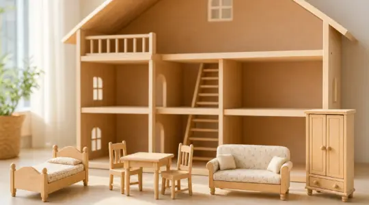 Kleine detailreiche Puppenhaus-Möbel aus Holz wie Bett, Tisch, Stühle und Sofa stehen ordentlich aufgestellt vor einem offenen Puppenhaus