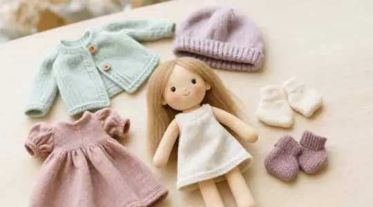 Mehrere kleine Puppenkleidungsstücke wie Kleidchen, Strickjacke, Mütze und Söckchen in zarten Farben neben einer schlichten Stoffpuppe auf einem hellen Holztisch