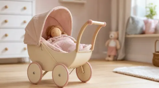 Klassischer Kinder-Puppenwagen mit Stoffverdeck und großen Rädern, darin eine Spielzeugpuppe, in einem hellen Kinderzimmer