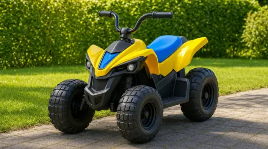 Ein Kinderquad steht auf einem Weg vor einem grünen Garten bereit