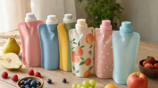 Bunte wiederbefüllbare Quetschbeutel liegen mit Obst auf einer Holzoberfläche
