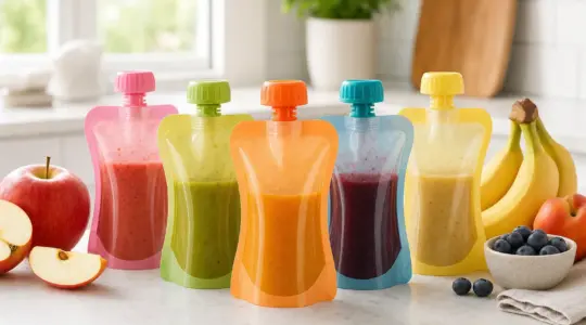 Bunte wiederverwendbare Quetschbeutel für Babybrei mit Obst auf einer Küchenarbeitsplatte