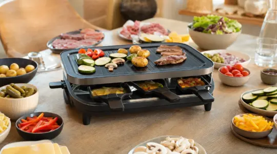 Ein Raclette-Gerät mit Pfännchen steht auf einem gedeckten Tisch