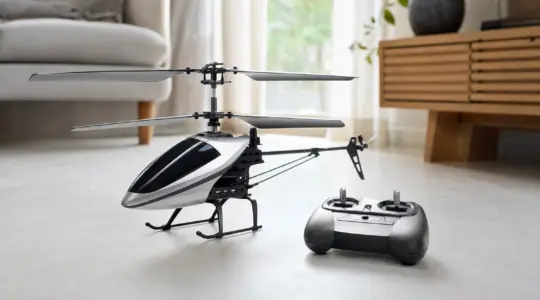 Ein ferngesteuerter Helikopter steht mit der Fernsteuerung auf einem hellen Tisch bereit