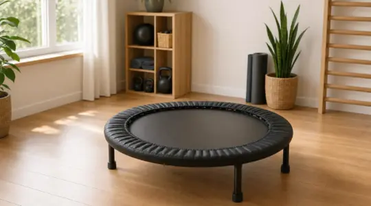 Ein kleines rundes Fitness-Trampolin steht in einem hellen Trainingsraum
