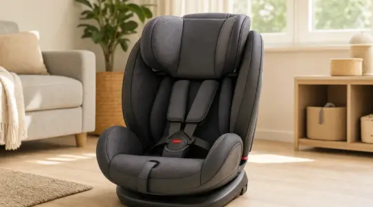 Ein moderner Autokindersitz mit Gurtsystem und Seitenschutz steht aufrecht auf einem hellen Boden bereit