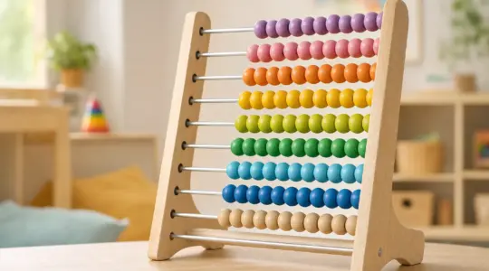 Hölzerner Kinder-Rechenrahmen aus Naturholz mit mehreren Reihen bunter Holzkugeln auf Metallstäben im Kinderzimmer