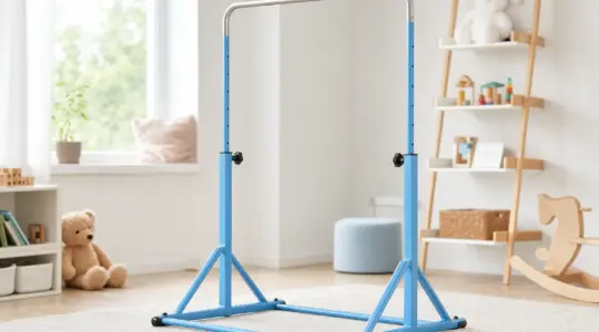 Höhenverstellbare Kinder-Reckstange aus Metall mit stabilem blauem Standgestell auf einem hellen Teppich im Kinderzimmer
