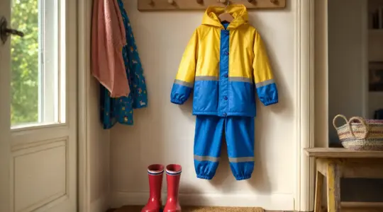 Ein fröhlich bunter Regenanzug für Kinder hängt mit Gummistiefeln an einer Garderobe in einem hellen Flur