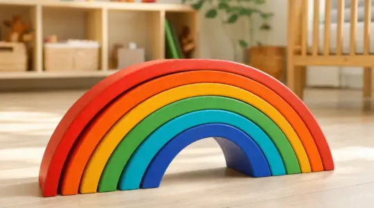 Eine bunte gebogene Regenbogenwippe aus Holz mit Bögen in Regenbogenfarben steht in einem hellen Kinderzimmer