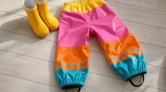 Eine bunte wasserdichte Kinder-Regenhose liegt ausgebreitet neben kleinen Gummistiefeln