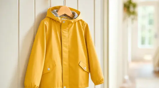 Wasserdichte Kinder-Regenjacke mit Kapuze in freundlicher Farbe auf einem Holzbügel vor heller Wand