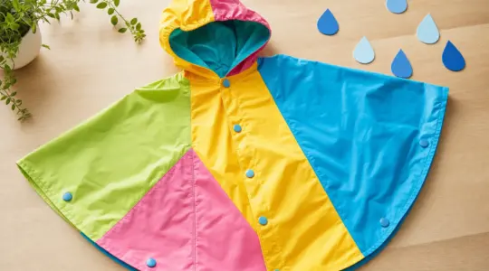 Ein bunter Kinder-Regenponcho mit Kapuze liegt auf einem hellen Tisch bereit