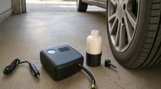 Ein Reifenpannenset mit Kompressor und Dichtmittel liegt in einer Garage