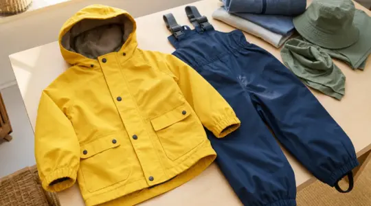 Funktionale Outdoor-Kinderkleidung wie eine Regenjacke und eine Matschhose liegen ordentlich auf einem hellen Tisch