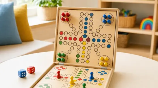 Ein kompaktes Reisespiel aus Holz mit bunten Spielsteinen auf einem Tisch