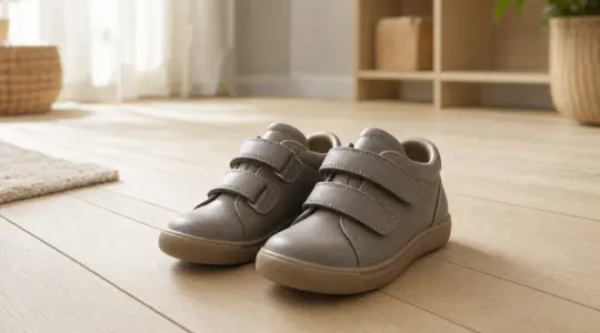 Ein Paar robuste Kinderschuhe mit Klettverschluss steht nebeneinander auf einem hellen Boden