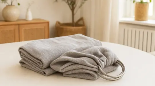 Ein zusammengelegter Ring-Sling aus weichem Stoff mit zwei Ringen liegt auf einer hellen Fläche bereit