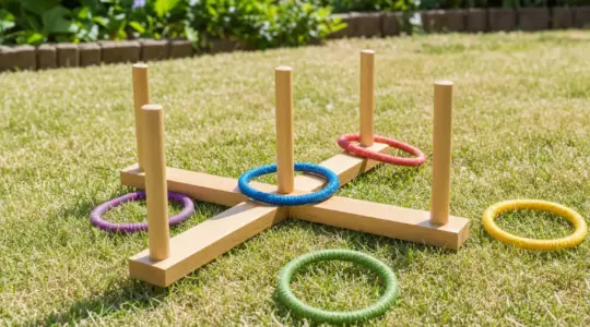 Ein hölzernes Ringwurfspiel mit Ständer und bunten Wurfringen auf einer Rasenfläche