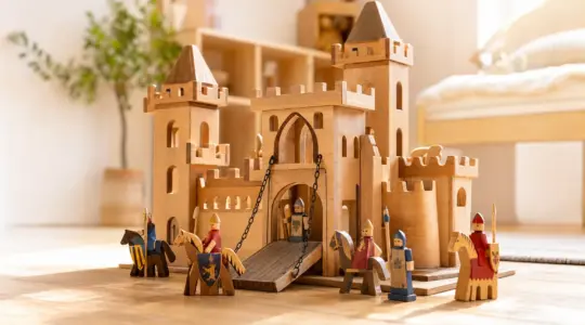 Hölzerne Kinder-Ritterburg aus Naturholz mit Türmen, Zinnen und Zugbrücke samt Ritterfiguren in einem hellen Kinderzimmer