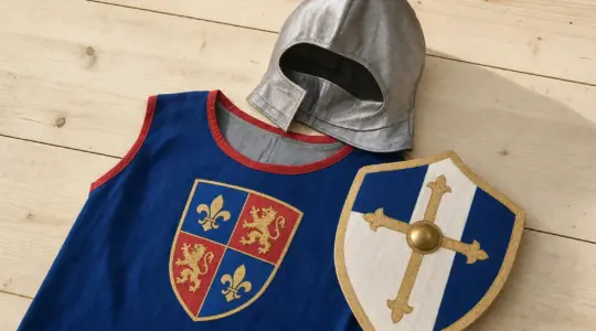 Ein Kinder-Ritterkostüm mit Stofftunika, Wappen, Helm und weichem Spielzeugschild auf Holzfläche