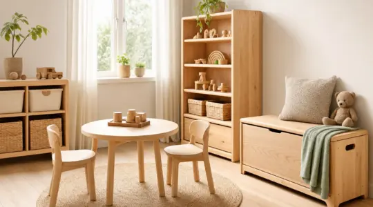 Helle Kindermöbel aus Holz wie ein kleiner Tisch mit Stühlen stehen ordentlich in einem freundlichen Kinderzimmer