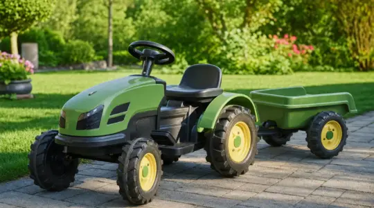 Ein grüner Trettraktor für Kinder steht auf einem gepflasterten Weg vor einem grünen Garten bereit