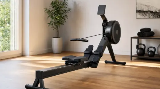 Ein Rudergerät steht in einem hellen Heimtrainingsraum mit Holzboden