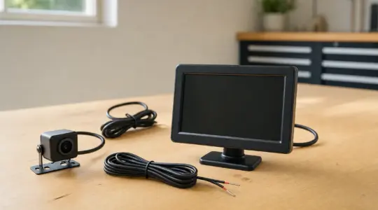 Eine Rückfahrkamera und ein Monitor liegen auf einer Werkbank