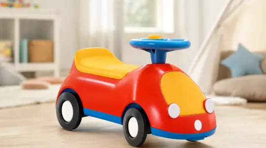 Buntes Kinder-Rutschauto zum Sitzen und Anschieben mit den Füßen in einem hellen Kinderzimmer
