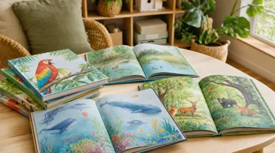 Mehrere aufgeschlagene und gestapelte Kinder-Sachbücher liegen bunt auf einem hellen Tisch bereit