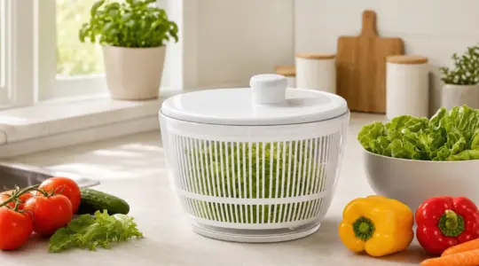 Eine weiße Salatschleuder mit frischem grünem Salat steht auf einer Küchenarbeitsplatte
