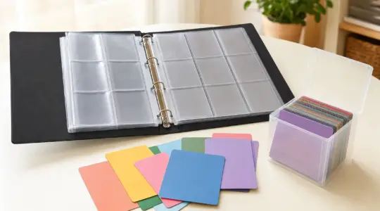 Schutzhüllen, ein Sammelordner und eine Aufbewahrungsbox für Sammelkarten liegen auf einer hellen Fläche bereit