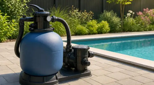 Eine Sandfilteranlage mit Pumpe steht neben einem Gartenpool