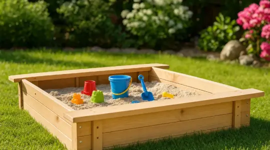 Hölzerner Kinder-Sandkasten aus Naturholz mit Sand und Sandspielzeug auf einer Rasenfläche in einem sonnigen Garten
