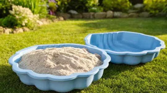 Zweiteilige Kinder-Sandmuschel aus hellblauem Kunststoff, eine Hälfte mit Sand gefüllt, auf einer Rasenfläche im sonnigen Garten