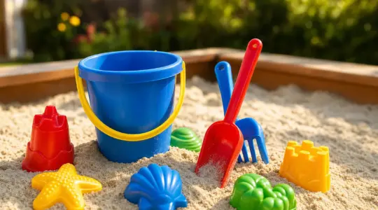 Buntes Kinder-Sandspielzeug-Set mit Eimer, Schaufel, Rechen und Sandförmchen auf hellem Sand in einem Sandkasten