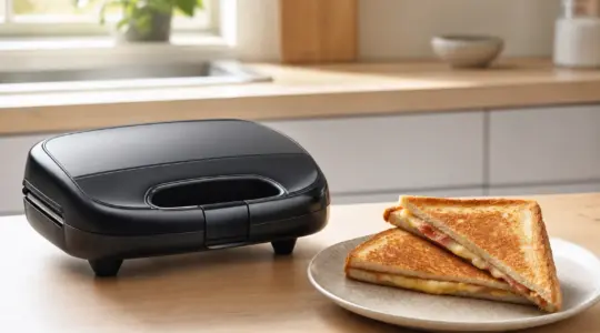 Ein Sandwichmaker steht mit einem fertigen Sandwich auf einer Küchenarbeitsfläche