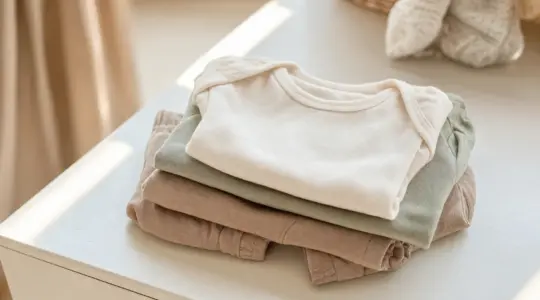 Mehrere zusammengelegte Kinderkleidungsstücke aus weichem Stoff liegen ordentlich auf einer hellen Fläche