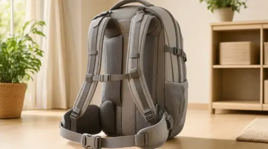 Ein moderner Schulrucksack mit ergonomischen Trägern steht aufrecht auf einem hellen Boden bereit