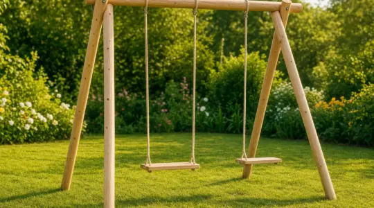 Ein stabiles Schaukelgestell aus Holz mit zwei Schaukeln steht auf einer sonnigen Gartenwiese vor Büschen