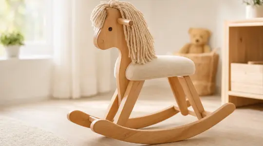 Klassisches hölzernes Schaukelpferd aus Naturholz mit weicher Polsterung und Mähne in einem hellen Kinderzimmer