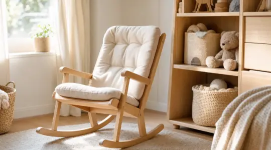 Ein kleiner Schaukelstuhl aus hellem Holz mit Polster in einem Kinderzimmer