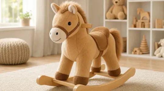 Ein weiches Schaukeltier auf gebogenen Holzkufen steht in einem hellen Kinderzimmer und lädt zum sanften Wippen ein