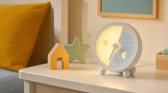 Ein kindgerechter Lichtwecker und Schlaftrainer auf einem Nachttisch