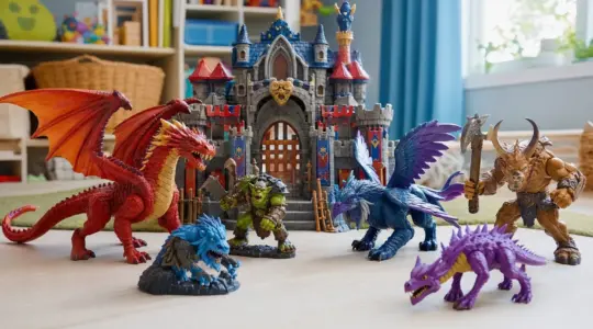 Mehrere fantasievolle Kreaturen-Figuren und eine kleine Festung stehen auf einer hellen Fläche bereit