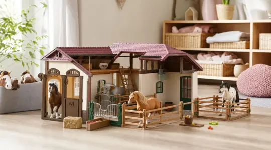 Ein detailreicher Spielzeug-Pferdestall mit Pferdefiguren und Zubehör steht auf einem hellen Boden bereit